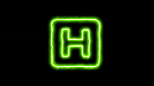 The appearance of the green neon symbol h square. Flicker, In - Out. Alpha channel Premultiplied - Matted with color black