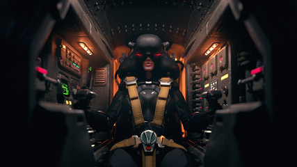 Frontal view of a female pilot sitting in the cockpit. Mech Pilot with fastened yellow seat belts. Girl wearing a futuristic VR helmet. Woman using virtual reality headset. Sci-fi cabin. 3d rendering.