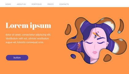 Permanent makeup. The scene with the big head of the girl and the little people are the masters who do the tattoo. Vector flat illustration, website template, banner.