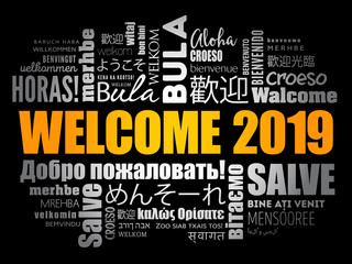 WELCOME 2019 word cloud in different languages, conceptual background