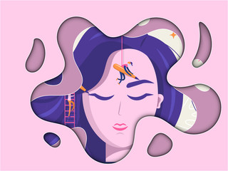 Permanent makeup. The scene with the big head of the girl and the little people are the masters who do the tattoo. Vector flat illustration with layers cut out of paper.