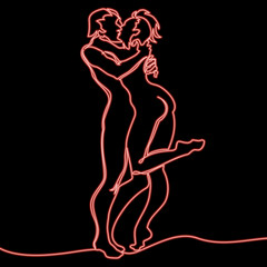 Continuous line loving couple kissing neon concept