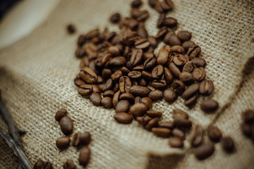 coffee beans on burlap background