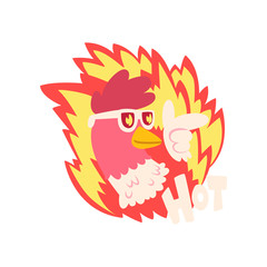 Hot spicy fire chicken wearing cool sunglasses, creative logo design element vector Illustration