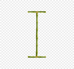 Capital letter I made of green bamboo sticks on transparent background.