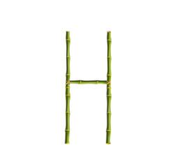 Capital letter H made of green bamboo poles on white background.