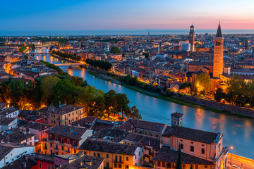 Beautiful sunset aerial view of Verona. Venero region in italy. Verona sunset cityscape.