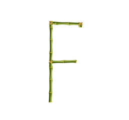 Capital letter F made of green bamboo poles on white background.
