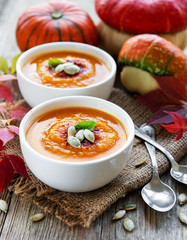 Bowls of pumpkin soup