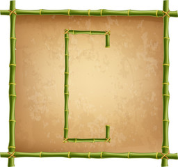 Capital letter C made of green bamboo sticks on old paper background.