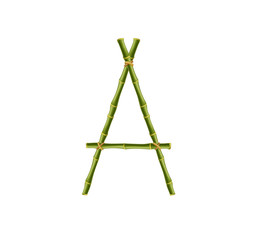 Capital letter A made of green bamboo poles on white background.