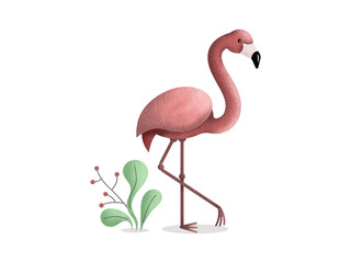Pink flamingo on a white background with trend noise texture. Near the green plant bush and berries. Illustration