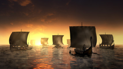 Vikings ships on the misty water.