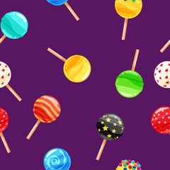 Seamless pattern colored candy lollipop, caramel on stick. Cute ornament for packaging, fabric, background, banner, poster, vector, illustration, isolated, cartoon style