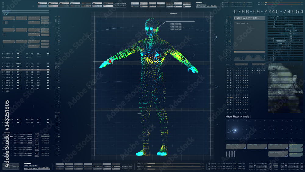 Fototapete Futuristic motion element user interface information technology virtual biomedical holographic human body scan diagnostic with data and telemetry head up display for background computer desktop screen