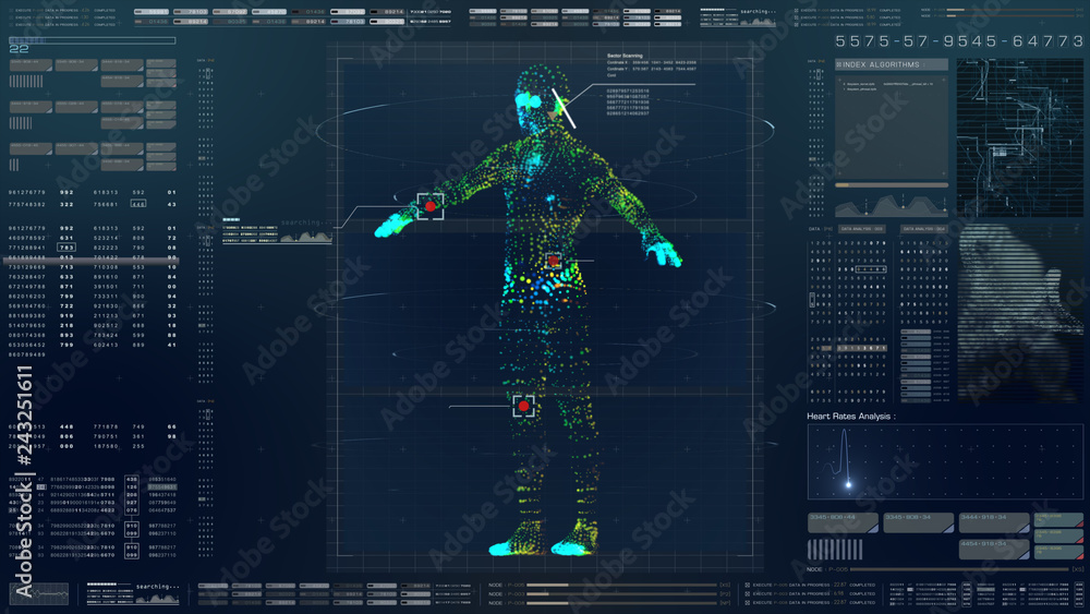 Aufkleber Futuristic motion element user interface information technology virtual biomedical holographic human body scan diagnostic with data and telemetry head up display for background computer desktop screen