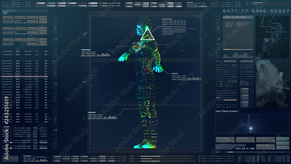 Aufkleber Futuristic motion element user interface information technology virtual biomedical holographic human body scan diagnostic with data and telemetry head up display for background computer desktop screen