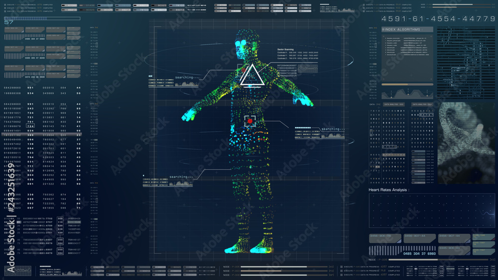 Aufkleber Futuristic motion element user interface information technology virtual biomedical holographic human body scan diagnostic with data and telemetry head up display for background computer desktop screen