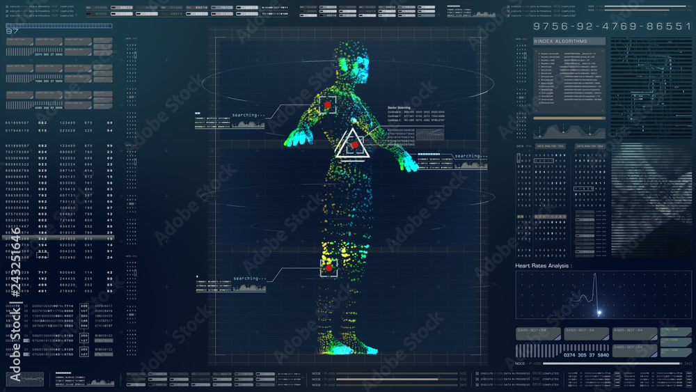 Aufkleber Futuristic motion element user interface information technology virtual biomedical holographic human body scan diagnostic with data and telemetry head up display for background computer desktop screen