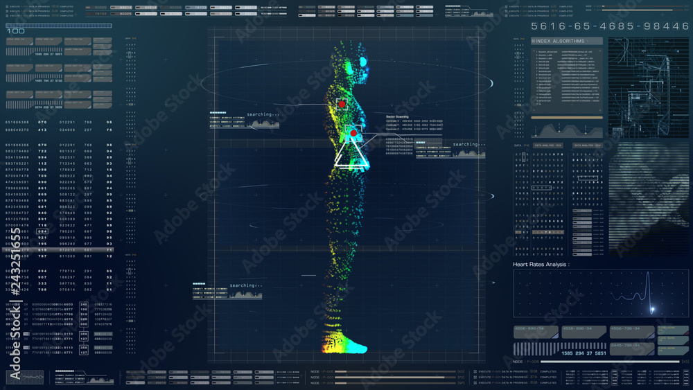 Aufkleber Futuristic motion element user interface information technology virtual biomedical holographic human body scan diagnostic with data and telemetry head up display for background computer desktop screen