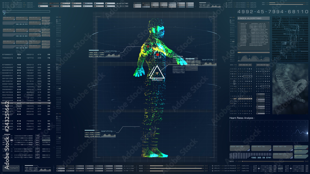 Fototapete Futuristic motion element user interface information technology virtual biomedical holographic human body scan diagnostic with data and telemetry head up display for background computer desktop screen