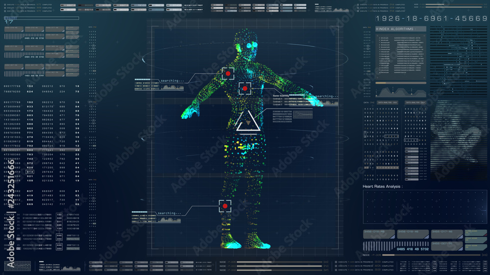 Aufkleber Futuristic motion element user interface information technology virtual biomedical holographic human body scan diagnostic with data and telemetry head up display for background computer desktop screen