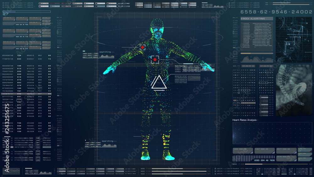 Aufkleber Futuristic motion element user interface information technology virtual biomedical holographic human body scan diagnostic with data and telemetry head up display for background computer desktop screen