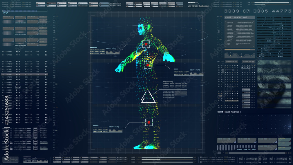 Aufkleber Futuristic motion element user interface information technology virtual biomedical holographic human body scan diagnostic with data and telemetry head up display for background computer desktop screen
