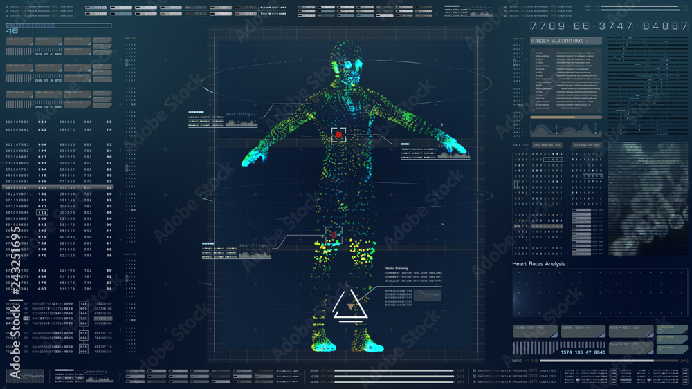 Poster Futuristic motion element user interface information technology virtual biomedical holographic human body scan diagnostic with data and telemetry head up display for background computer desktop screen