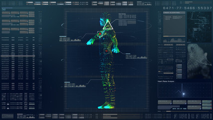 Futuristic motion element user interface information technology virtual biomedical holographic human body scan diagnostic with data and telemetry head up display for background computer desktop screen
