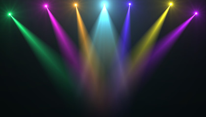 abstract of empty stage with colorful spotlights or Several bright projectors for scene lighting effects . can be used for display or montage your products