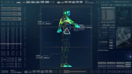 Futuristic motion element user interface information technology virtual biomedical holographic human body scan diagnostic with data and telemetry head up display for background computer desktop screen