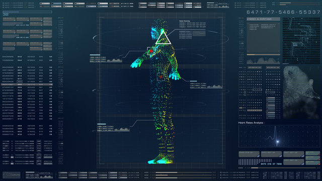 Futuristic Motion Element User Interface Information Technology Virtual Biomedical Holographic Human Body Scan Diagnostic With Data And Telemetry Head Up Display For Background Computer Desktop Screen