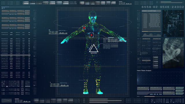 Futuristic motion element user interface information technology virtual biomedical holographic human body scan diagnostic with data and telemetry head up display for background computer desktop screen