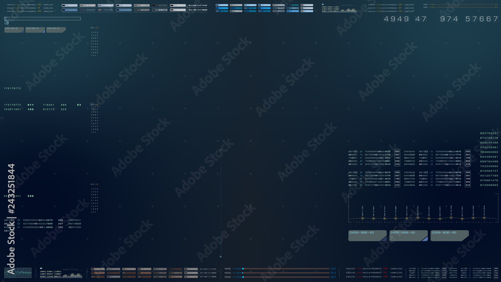 Fototapete Futuristic motion graphic user interface head up display screen with digital data city map telemetry information display for digital background computer desktop display screen