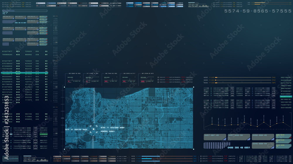 Aufkleber Futuristic motion graphic user interface head up display screen with digital data city map telemetry information display for digital background computer desktop display screen