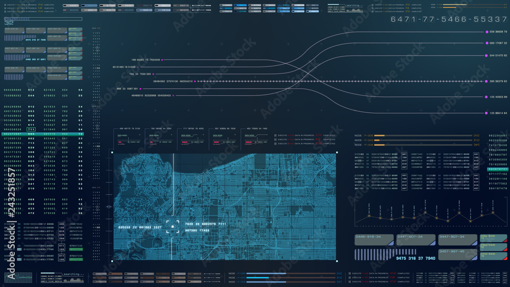 Fototapete Futuristic motion graphic user interface head up display screen with digital data city map telemetry information display for digital background computer desktop display screen