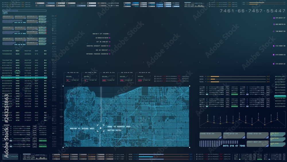 Aufkleber Futuristic motion graphic user interface head up display screen with digital data city map telemetry information display for digital background computer desktop display screen