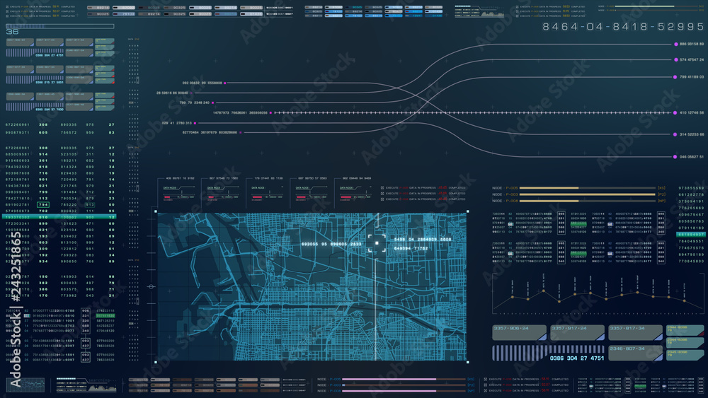 Fototapete Futuristic motion graphic user interface head up display screen with digital data city map telemetry information display for digital background computer desktop display screen