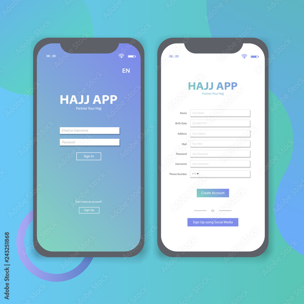 Wall mural hajj app login and sign up page mobile user interface template vector illustration