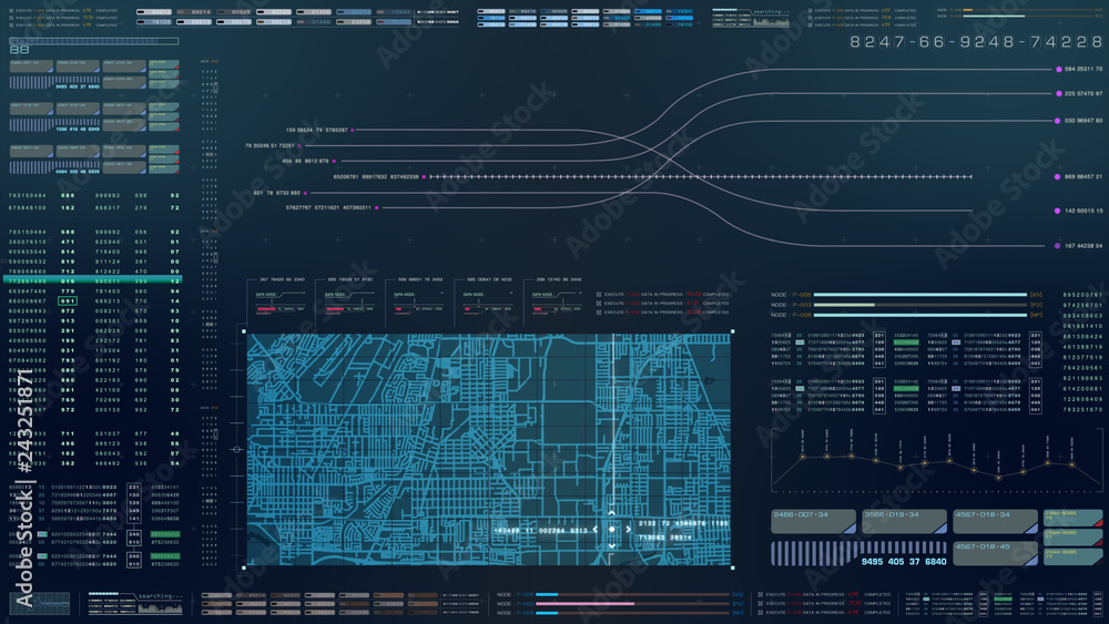 Aufkleber Futuristic motion graphic user interface head up display screen with digital data city map telemetry information display for digital background computer desktop display screen