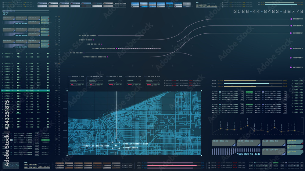 Poster Futuristic motion graphic user interface head up display screen with digital data city map telemetry information display for digital background computer desktop display screen