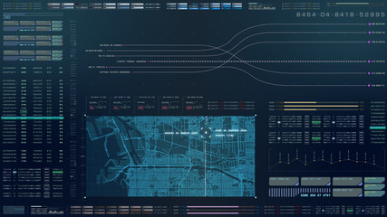 Futuristic motion graphic user interface head up display screen with digital data city map...