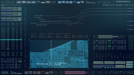 Futuristic motion graphic user interface head up display screen with digital data city map...