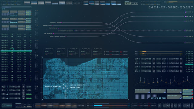 Futuristic motion graphic user interface head up display screen with digital data city map telemetry information display for digital background computer desktop display screen - Powered by Adobe