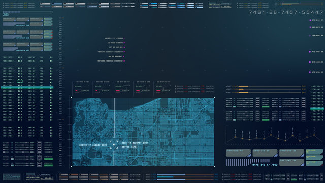 Futuristic motion graphic user interface head up display screen with digital data city map telemetry information display for digital background computer desktop display screen