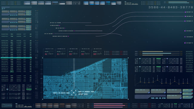 Futuristic motion graphic user interface head up display screen with digital data city map telemetry information display for digital background computer desktop display screen