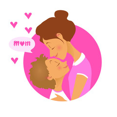 Mom kissing her child. Flat vector illustration.