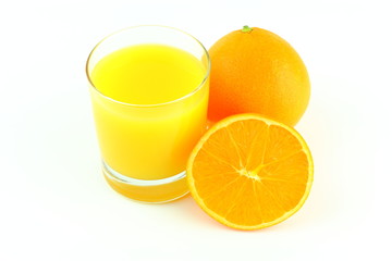 glass of orange juice and fresh orange fruits isolated on a white background