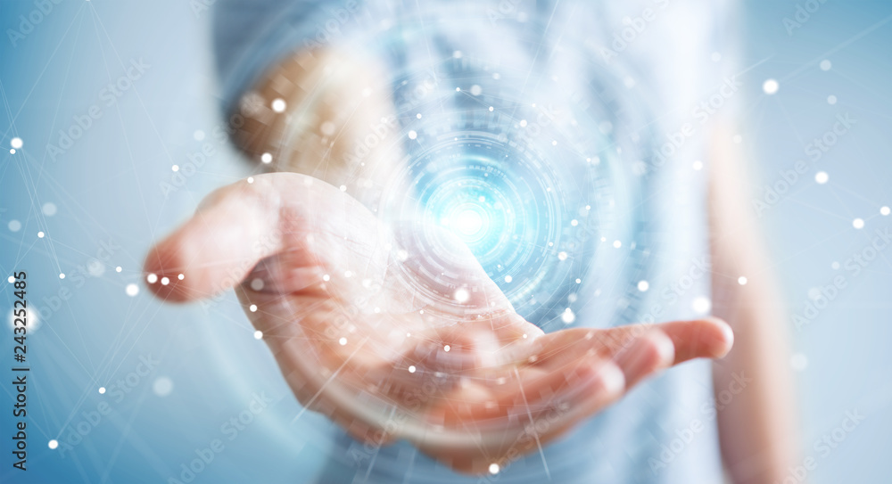 Poster businessman using digital network connection interface 3d rendering